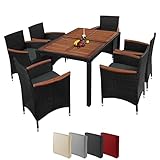 Montafox Sitzgruppe 6 Personen Poly Rattan Sitzgarnitur Akazienholz Tisch 130 x 90cm Sitzkissen 6cm Terrasse Garten Essgruppe Schwarz Gartenmöbel Set, Farbe:Titan-Schwarz/Nachtschwärmergrau