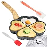 Herzform Spiegeleipfanne, 4-Loch Herzform Eierpfanne Pancake Pfanne mit HolzGriff Antihaft Omlettenpfanne mit Silikonspatel Pfannkuchen Pfanne Ideal für Induktionsherd und Gasherd (Schwarz)