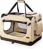 lionto Hundetransportbox faltbar für Reise & Auto, 60x42x44 cm, stabile Transportbox mit Tragegriffen & Decke für Katzen & Hunde bis 12 kg, robuste Hundebox aus Stoff für klein & groß, beige