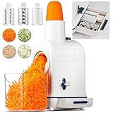 Gemüseschneider Elektrisch, AAOBOSI Elektrischer Gemüseschneider mit Aufbewahrungsbox, großem Einfüllschacht zum ganzer Karotten, Kartoffeln, 3 Einsätze und leisem Motor-Upgrade