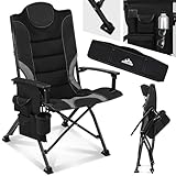 Onbest Campingstuhl faltbar, Hochlehner bequem gepolstert mit viel Stauraum, Getränkehalter, 2 Armlehnen, bis 150 kg belastbar, Klappstuhl kompakt & leicht mit Tasche, Camping Stuhl (Schwarz/Grau)