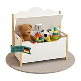 Coemo Spielzeugtruhe mit Sitzbank, Holztruhe Weiß Trudi 60×26×55 cm – Kinderzimmer Bank mit Stauraum, Spielzeugkiste mit Sicherheitsscharnier, kindgerechte Sitzhöhe, dekoratives Wolken-Design