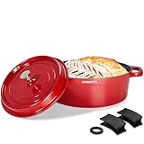 ROSSETTO 38cm Bräter mit Deckel - 10,6L Oval Aluminiumguß Topf, Kochtopf Induktion, Cocotte Antihaftbeschichtung aus Keramik, Brotbackform, Dutch Oven Mit Griffschutz, Rot