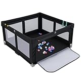 FANTASK Laufstall für Babys, Kinderzaun mit atmungsaktivem Netz & Tragetasche, Laufgitter für Kleinkinder mit 50 Bälle, 4 Griffe & Reißverschlusstor, für indoor und outdoor (Schwarz)