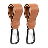Kinderwagen-Haken-Clip, Lederriemenhaken zum Aufhängen von Wickeltasche, 2 Stück, Universal-Haken für Kinderwagen, Rollstuhl, Auto, Einkaufen und Haustierwagen (braun)