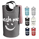 IHOMAGIC 95L Faltbarer Wäschekorb, Wäschesack Groß mit Smiley-Gesicht und Griff, Freistehender Wäschesammler aus Oxford-Gewebe, Tragbarer Wäschetonne für Wohnheim, Schlafzimmer, Reisen, Dunkelgrau