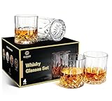 GLASKEY Whisky Gläser 4er Set,320ml Bleifreie Kristallwassergläser,Cocktail Rum Wodka Scotch Gin Cognac Wasser Whisky Heavy-Based Gläser,Whiskyglas Geschenkset für Männer,Papa,Bruder