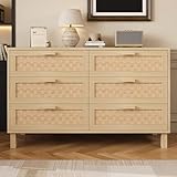 HAINEW Kommode Sideboard mit 6 Rattan Schubladen, Komodenschrank Aufbewahrungsschrank Schubladenschrank für Schlafzimmer, Wohnzimmer, Flur, 120x40x75cm, Natur