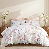 Lanqinglv Bettwäsche 135x200 cm Weiß Lila Blätter Blumen Muster Pflanzen Wende Bettwäsche Set Bunt Microfaser Renforce Bettbezug mit Reißverschluss und Kissenbezug 80x80 cm