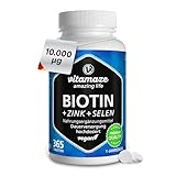 Biotin hochdosiert 10.000 mcg + Selen + Zink für Haarwuchs, Haut & Nägel, 365 vegane Tabletten für 1 Jahr, Nahrungsergänzung ohne Zusatzstoffe, Made in Germany