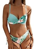 GORGLITTER Bikini Damen Push Up Bikini Mit Bügel Set Badeanzug Mit Tropenmuster Wickel Bikini Set Zweiteiler Badeanzug Bademode Minzblau M