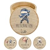 Personalisierte Milchzahndose mit Namen aus Holz mit kinderfreundlichem UV-Druck - Zahndose Milchzähne als Erinnerung an die ersten Zähnchen - Dinosaurier - Dinos - 4 Motive zur Auswahl (Blauer Ninja)