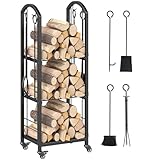 COSTWAY Kaminholzregal mit Rollen und 4 Kaminwerkzeugen, Brennholzregal für Innen und Außen, Kaminholzständer mit 3 Ebenen, Feuerholzregal für Kamin & Ofen, 40 x 30 x 108 cm