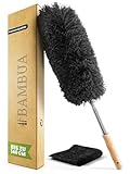 BAMBUA Staubwedel Teleskop - Effektiver Staubfänger mit erstklassiger Mikrofaser - Nachhaltiger Bambusgriff - Premium Staubwischer inkl. Mikrofasertuch - Teleskop Staubwedel lang ausziehbar (140cm)