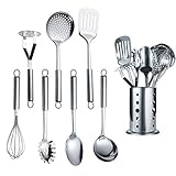 Berglander Edelstahl Kochset 7 teilig mit 1 Ständer, Kochlöffel-Set aus Edelstahl, geschlitztem Tuner, Schöpfkelle, Abschäumer, Servierlöffel, Pasta Server, Kartoffel-Mäher