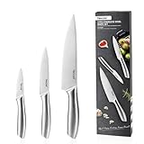hecef Messerset 3 tlg, Scharfe Küchenmesser mit Edelstahlklinge und hohlem Griff, Kochmesser Set mit Klingenschutz, 20cm Chefmesser, 12.7cm Allzweckmesser und 8.9cm Gemüsemesser, Silber