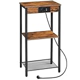 HOOBRO Beistelltisch mit Ladestation, Telefontisch mit 3 Ebenen, Kleiner Nachttisch, Sofatisch für Wohnzimmer, Schlafzimmer, Flur, Vintagebraun und Schwarz EBF09CDH01
