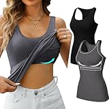 Charmo Tank Tops Damen mit Regal BH Baumwoll Unterhemden Basic eng lang Top Slim Fit Shirts Frauen 2er Pack Grau Schwarz