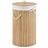 Juskys Bambus Wäschekorb Curly-Round - 55 Liter Volumen - Wäschesammler mit Deckel, Tragegriffen & Stoff Wäschesack - 1 Fach Wäschebox - Natur