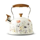 Wasserkessel aus Edelstahl (3L), Flötenkessel mit Einklappgriff, Wasserkocher für Induktion und Gasherd, Teekessel für Tee und Kaffee, Alle Kochplatten, (Weiß und Violett)