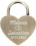 Liebesschloss Herzschloss Vorhängeschloss Graviert mit Wunschtext - Jetzt Liebesschloss selbst gestalten! (Antik Gold)