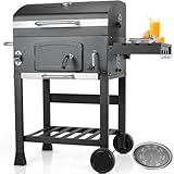 Holzkohlegrill mit Deckel, Grill Grillwagen BBQ Smoker XL, Holzkohle Grillwagen mit Rädern, Grillrost und Thermometer, Holzkohlegrill mit Ablage, Standgrill, Groß Kohlegrillwagen für Camping, Garten