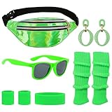 Vbxvsa 80er Jahre Outfit Damen Komplett-Set | Neon Aerobic Kostüm Grün mit Bauchtasche, Stirnband, Legwarmers & Sonnenbrille | Retro 80er Party Kostüm für Karneval & Halloween