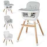 DREAMADE Hochstuhl Baby aus Holz, 4-in-1 Verstellbarer Kinderhochstuhl für Baby 6-36 Monate, Hochstuhl mit Sicherheitsgurt & Doppeltablett, blastbar bis 20kg (Grau)