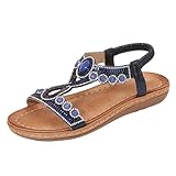 Sandaletten Damen Flach Elegant Flache Sandalen Damen Leder Weit : Weiche Sohle Sommerschuhe Mit Strass Sommer Sandalen Peeptoe Sandalette Bohemian Riemensandale Strandsandalen Lässige Sandalen