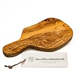 DAS OLIVENHOLZBRETT® Knoblauch Schneidebrett aus Olivenholz/Kräuterschneidebrett/Zwiebelbrett aus Holz mit Griff/kleines Servierbrett mit Loch zum Aufhängen incl. Griff 25cm
