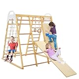 LIFEZEAL 8 in 1 Kletterdreieck Set Indoor, Klettergerüst mit Rutsche aus Holz, Kletternetz & Kletterleiter & Turnringe & Schaukel & Kletterfelsen, Kinderspielplatz Kletterspielzeug ab 3 Jahre (Natur)