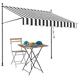 Manuell einziehbare Markise, wasserabweisend, gestreift, Polyester, Sonnenschirm mit Kurbel, Aluminiumrahmen, 250 cm, grau, Outdoor-Baldachin für Terrasse, Deck, Garten
