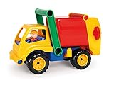 Lena 04356 Aktive Müllwagen LKW, Müllfahrzeug ca. 30 cm, robustes Müllauto mit verriegelbarem Müllbehälter, 1 Mülltonne und beweglicher Spielfigur im Spiele Set, Spielfahrzeug für Kinder ab 2 Jahre, Gelb/Rot