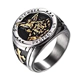 JewelryWe Heiliger Michael Ring Herren: Gold Silber Edelstahl Herren-Ring Erzengel St. Michael Amulett Kreuz Schutzpatron Siegelring Retro Band Bandring Christliche Religiöse Schmuck Geschenk Größe 62