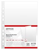 OFFICE PRODUCTS Prospekthüllen / 100 Stück/Din A4/ Glasklar Oben Offen Klarsichthüllen Sicht-Hüllen Gelochte Plastikhülle für Dokumente Papiere Akten Ordner/PP/Transparent 45 Mikron Dokumentenhülle