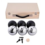 Engelhart - 010208 - Luxus-Holz-Pétanque-Koffer - Naturholz - 74 mm - 6 Boules (3 graue, 3 Schwarze), Holz-Cochonnet, Maßband - 2 Spieler - Ab 6 Jahren - Komplettes Pétanque-Spiel