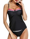 Aottori Tankini Damen Bauchweg Bademode Zweiteiler Tankini Set Badeanzug Push up Beachwear V-Ausschnitt Swimsuit mit Badeshorts Schwarz M