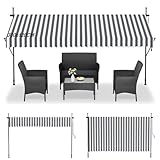 Suusolny Klemmmarkise ohne Bohren mit Handkurbel Balkonmarkise UV-Schutz Markise höhenverstellbar Sonnenschutz wasserabweisend für Balkon Terrasse Garten - GrauWeiß Gestreifter - 300x120cm