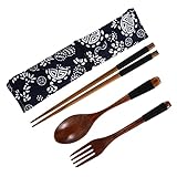 Ipetboom Holz Besteck Set mit Essstäbchen Löffel und Strapazierfähiger Tragetasche Langlebige Ergonomische und Sichere Holzküche für Zuhause und Unterwegs