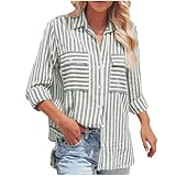 Super Sale Angebote Damen Bluse Gestreifte Blusenshirt Knopf Lässiges Leinenbluse Loose Fit Blusentop mit Tasche Hemdbluse Bequeme Vintage Longbluse Langarm Top Leichte Hemden