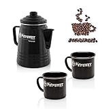 GRILL EXPERTE Kaffee Set Sunday ON Tour schwarz - Petromax Percolator + 2 x Emaille Tassen - Outdoor Kaffee Genuss