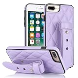 ArmorAegis Hülle kompatibel mit iPhone 7 Plus/8 Plus, luxuriöse, stoßfeste, Gesteppte Lederhülle mit Verstellbarer Handschlaufe und Ständer for Damen, Ganzkörper-Schutzhülle(Purple)