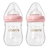 Oberni Babyflaschen aus Glas mit Silikon Sauger Größe 1, Milchflasche Weiter Öffnung, Babyflasche mit Anti-Colic-Ventil für Neugeborene Babys ab 0+ Monate, 150ml, Rosa, 2 Stück