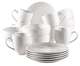 MÄSER Serie Dalia, Frühstücksset für 6 Personen aus Hotelporzellan, 18-teiliges Geschirr Set in zeitlosem Vintage Design, Weiß, Durable Porzellan