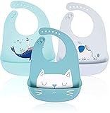 Baby Lätzchen Silikon Wasserdichte - RIGHTWELL 3 pack Wasserdicht Silikon Babylätzchen mit 6 verstellbaren Tasten, Unisex für Entwöhnen, BPA Frei, Einfache Reinigung, Spülmaschinenfest