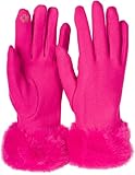 styleBREAKER Damen Unifarbene Touchscreen Stoff Handschuhe mit Kunstfell Besatz am Bund, warme Fingerhandschuhe Winter 09010028, Farbe:Pink