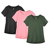 icyzone Damen Sport Fitness T-Shirt Kurzarm V-Ausschnitt Laufshirt Gym Top Funktionsshirt, 3er Pack (L, Solid Black/Pale Pink/Dark Green)