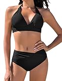 Vijamiy Bikini Damen Set Push Up Bikinis Zweiteiliger Bademode Swimsuit Träger Oberteil mit Nackenbügel(Schwarz,L)
