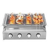 HUSPOO Edelstahl Brenner 4-Flammen LPG Gasgrill, Tragbarer Gasbräter Gas Grill mit Grillrost, Niederdruckventil, BBQ Campinggrill für Terrasse, Balkon und Garten