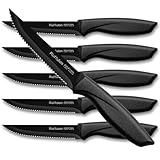 Ruffulon Profi Steakmesser Set,6-teilig Extra Scharfe Küchenmesser Set,Edelstahl Steak Messer Set mit Wellenschliff,Robuster Kunststoffgriff Steakmesserset,Steakbesteck Messerset,Schwarz